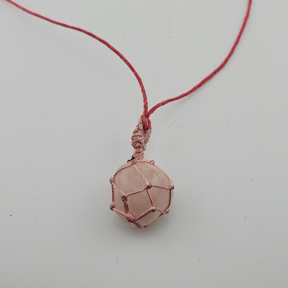 Rose Quartz Tone Pendant Necklace Fishing Float Style String Tied Pink Hippie - Picture 2 of 5